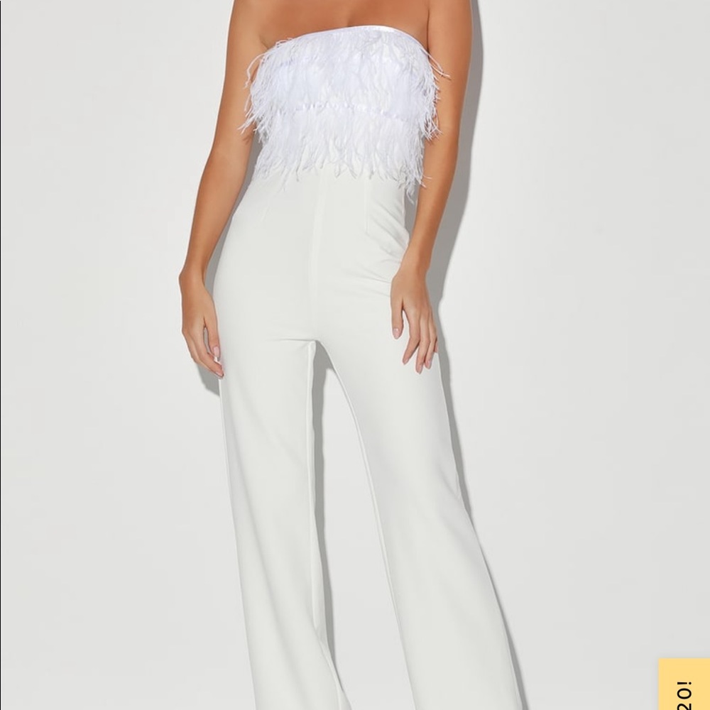 Luckiest Of All White Feather Strapless Jumpsuit